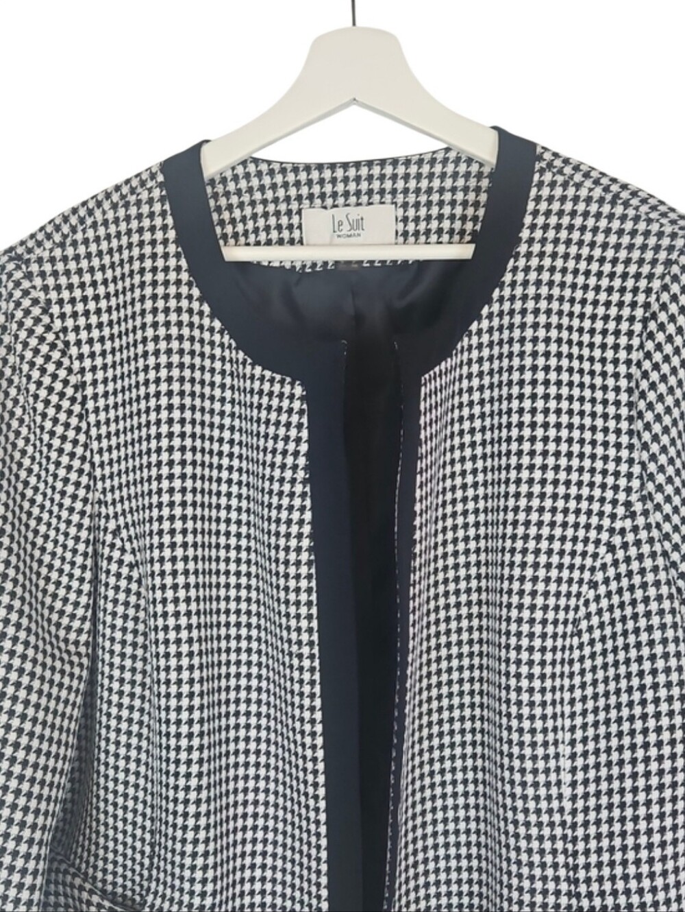 Vintage Houndstooth Blazer Open Jacket Work Pockets Black White Women's Plus 20W - Picture 2 of 8